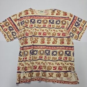 Vintage Gitano Tribal Abstract Geometric Print T-Shirt Tan Red Blue Mens XL